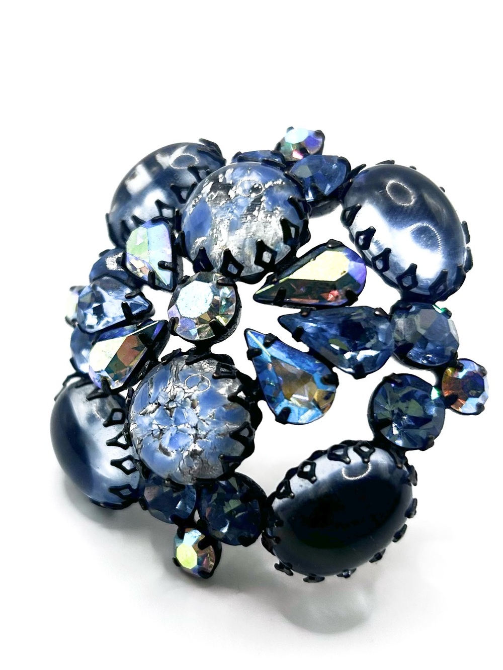 Vintage Rhinestone signed Regency Rare Blue Crystal Cluster Cabochon Brooch 50s